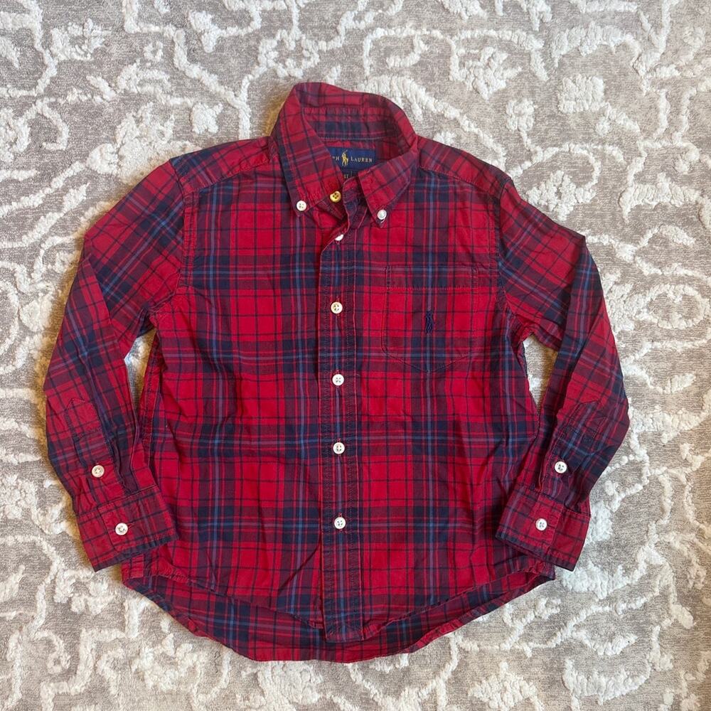 Ralph Lauren red blue plaid long sleeve‎ button up boys dress shirt SIZE 4T
